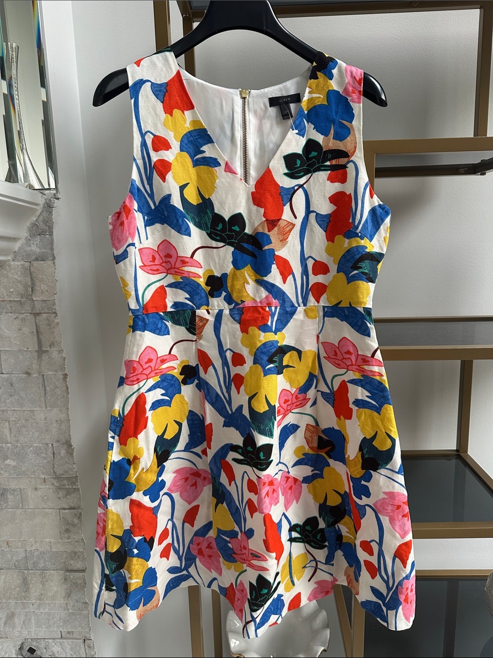 J.Crew Women's Floral Fit & Flare Dress in White with Multicolor Print Sz 10
